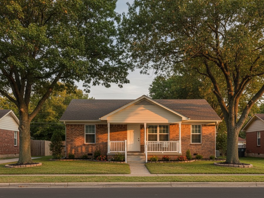 Single-family rental home on a quiet residential street at golden hour